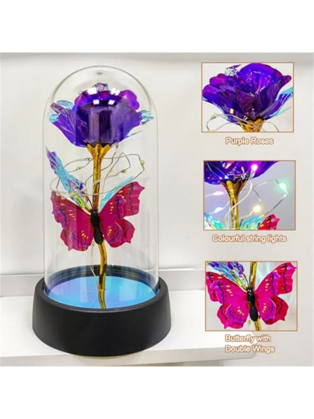 Galaxy Rose Gift Glass Dome LED Eternal Flower Mothers Day Valentines Decor